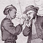 Deux marins s'échangeant du feu.  Détail d'une partition de la célèbre chanson "J'ai du bon tabac", composée par l'abbé de Lattaignant au XVIIIe siècle. France. XIXe siècle.